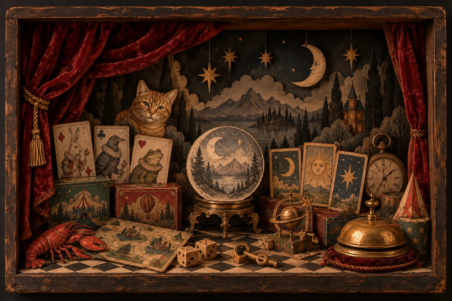 A handmade paper shadow box framed by red velvet curtains. Layered cards, a crystal ball, games, Marmalade the ginger cat, a tiny lobster, and a brass service bell await discovery.
